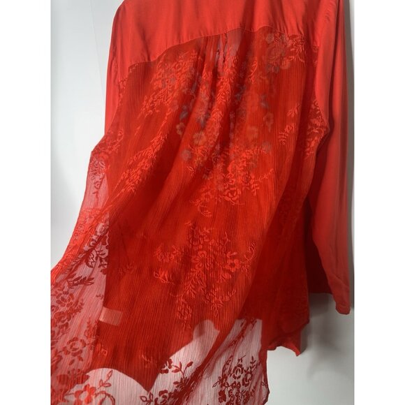 Andree by Unit Sz 1x V-Neck Top Roll Tab Red Embroidered Lace Boho Flowy - Picture 7 of 13